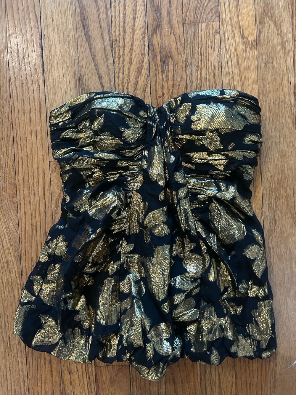 bebe Black Strapless Dress with Gold Leaf Print